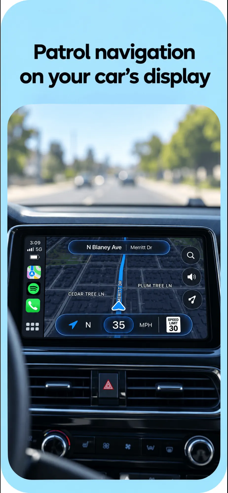 Official PatrolAxis CarPlay screenshot showing road, cross street, direction and speed