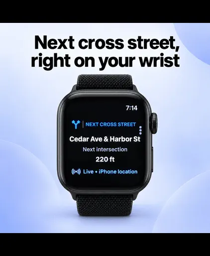 Official PatrolAxis Apple Watch screen showing the next cross street